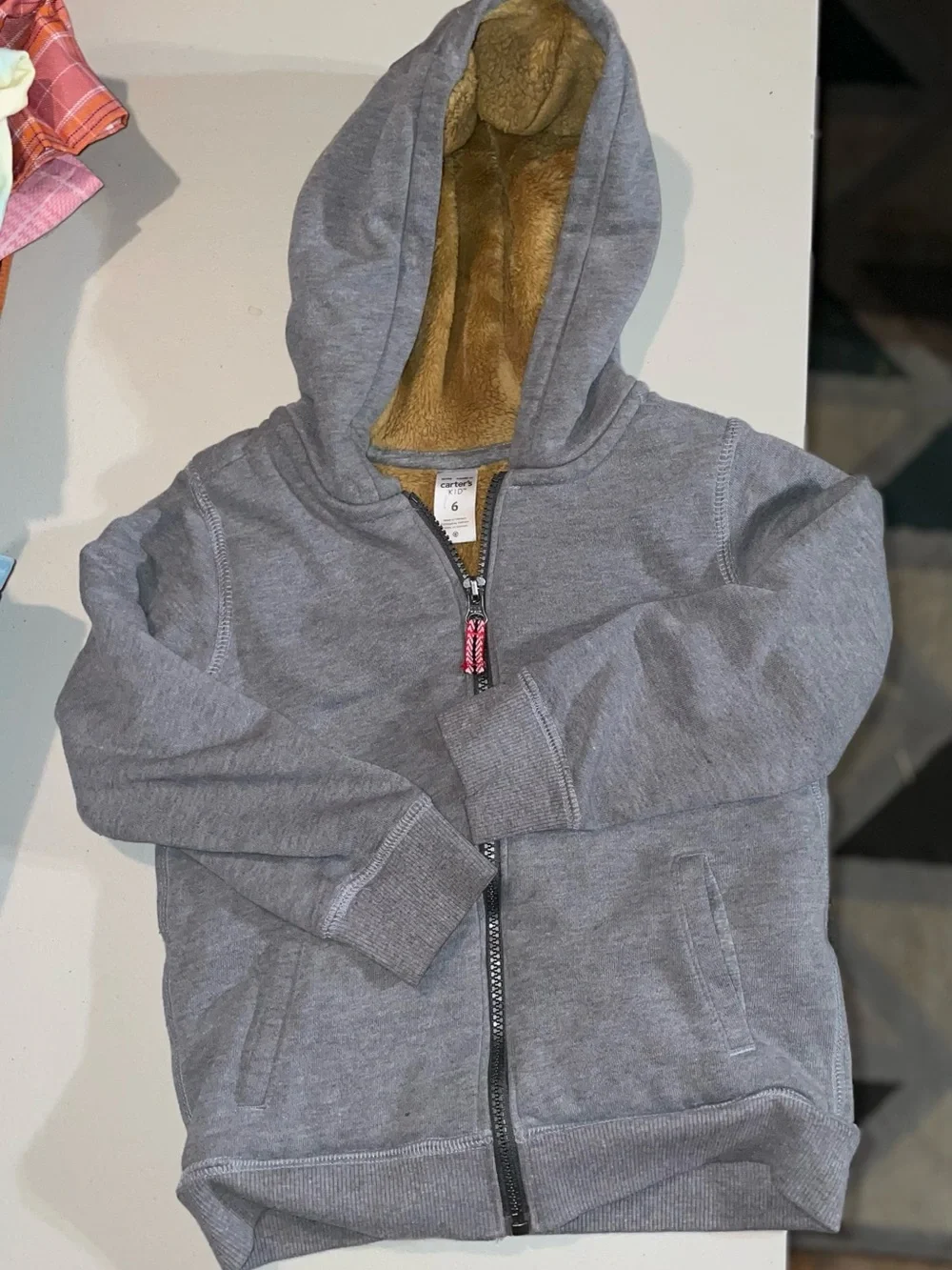 Kids Carters Gray Zip-Up Hoodie with Sherpa Lining. Size 6